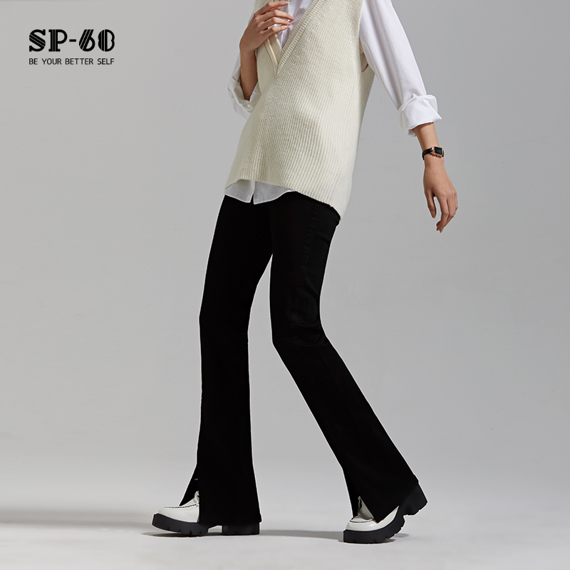 sp68牛仔裤2024女新高腰加绒拖地微喇裤修身显瘦高弹无尺码百搭款 - 图1