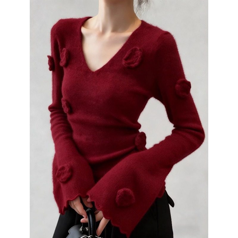 设计感小众针织衫女秋冬时尚气质喇叭袖洋气毛衣V领流行漂亮上衣,淘宝优惠券,粉丝福利购,淘宝优惠卷