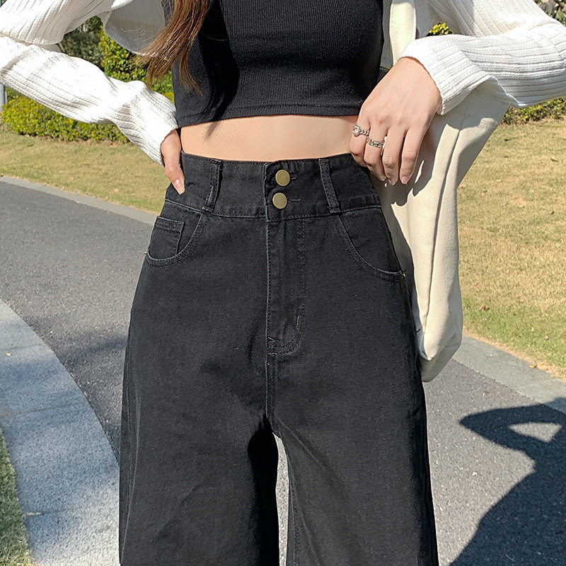 黑色高腰阔腿女2022年春夏装牛仔裤 pstylejeans牛仔裤