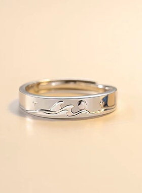 海上升明月s925纯银情侣对戒开口简约可调节学生指环男女戒指刻字