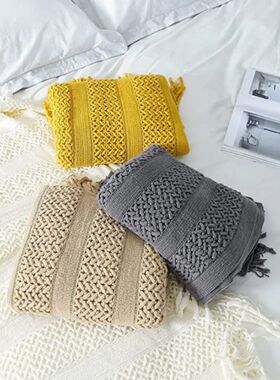 Khaki Knitted Throw Blankets ver with Tassels Chunky Vintage