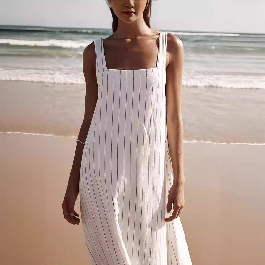 2024 Square Neck Striped Simple Fashion Basic Sleeveless Dre - 图2