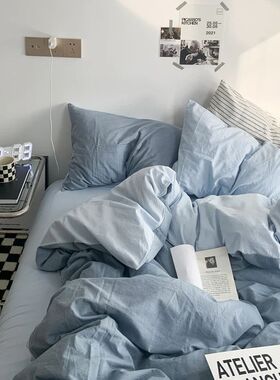 Simple Blue Solid Color Bedding Set Soft Sheet Duvet ver Pil