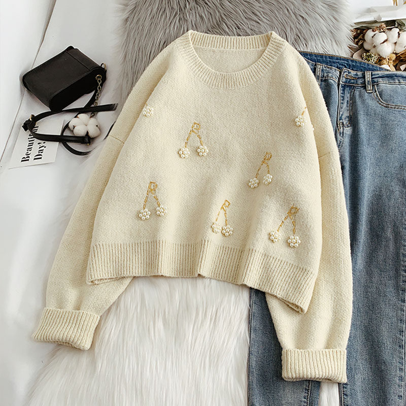 韩版樱桃钉珠套头红色秋冬2019毛衣 柏妮恩毛衣