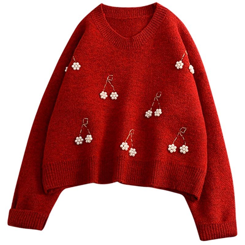 韩版樱桃钉珠套头红色秋冬2019毛衣 柏妮恩毛衣