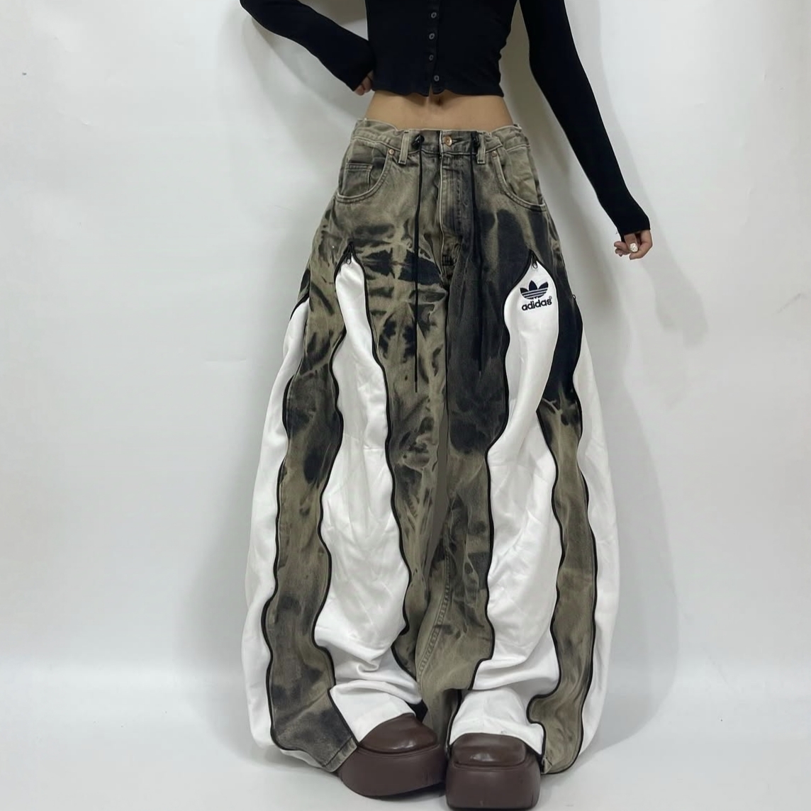 牛仔裤运动裤拼接重构古着remake解构现货正品孤品个性vintage - 图0