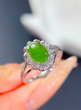 天然和田碧玉戒指女正品S925纯银绿色宝石玉指环活口日韩时尚礼物