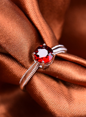 天然红石榴石戒指女S925纯银红宝石水晶开口指环简约复古女友礼物