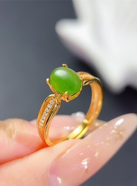 天然和田玉碧玉戒指女S925纯银镶嵌绿色宝石玉指环开口可调节礼物