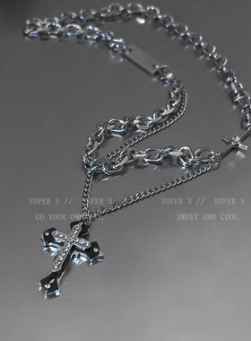 项链男款潮流双层叠戴钛钢拼接十字架小众设计高级感男士美式嘻哈