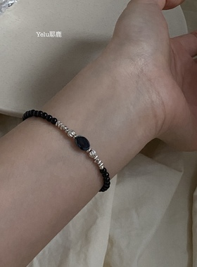 Yelu原创黑玛瑙s925银天然石捷克珠复古黑色简约百搭串珠手链女
