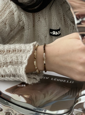 Yelu原创「知秋」｜天然虎眼石天然贝s925银手链复古叠戴串珠手串