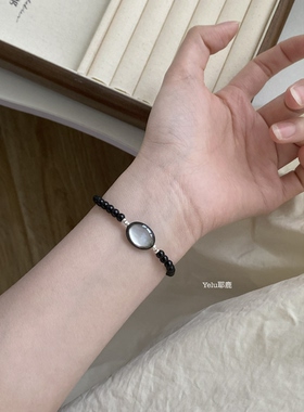 Yelu原创天然黑玛瑙深海贝s925银手链简约气质小众黑色系百搭手串