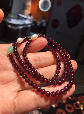 原创设计 天然酒红石榴石三圈手链 手串 晶体通透