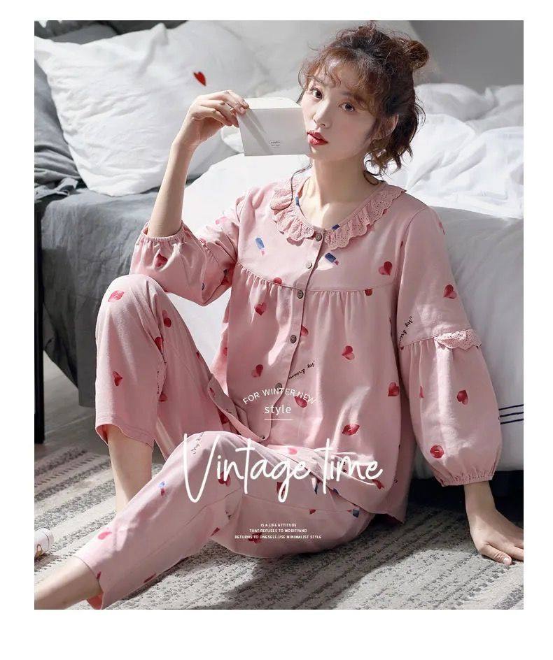 100%纯棉睡衣女夏季套装长袖大码韩版女士家居服春秋可外穿月子服,淘宝优惠券,粉丝福利购,淘宝优惠卷