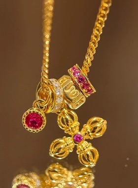 新中式十字金刚杵红钻跑环项链