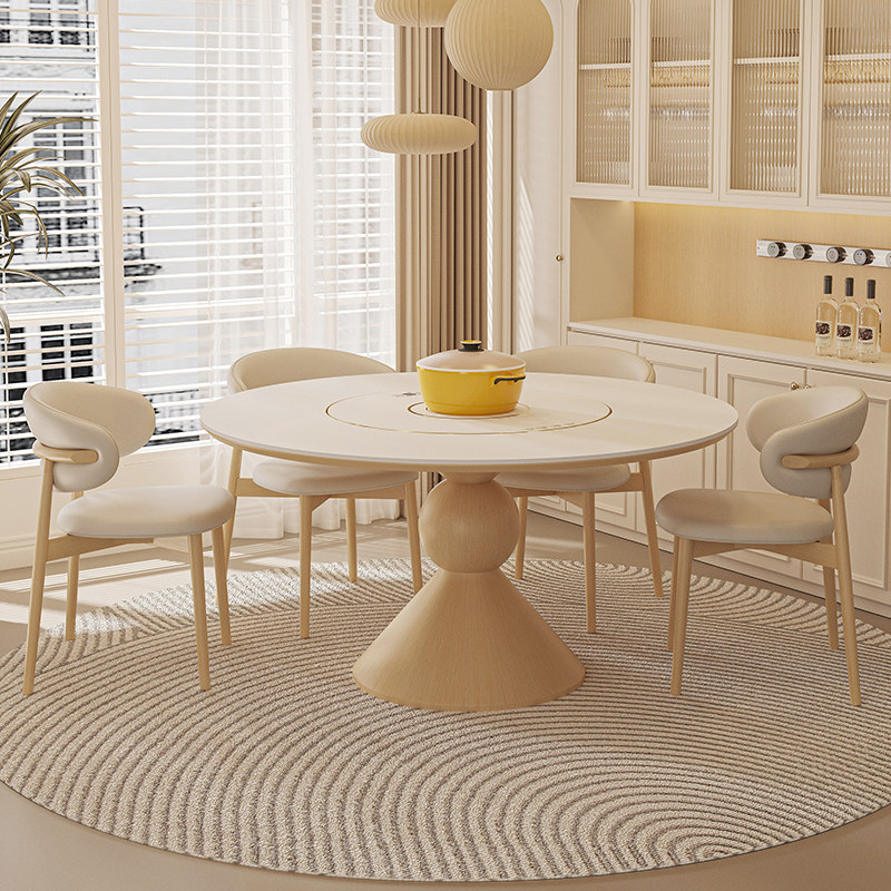 电磁炉圆桌内嵌电动转盘带暖菜板家用原木奶油风圆形实木岩板餐桌,淘宝优惠券,粉丝福利购,淘宝优惠卷