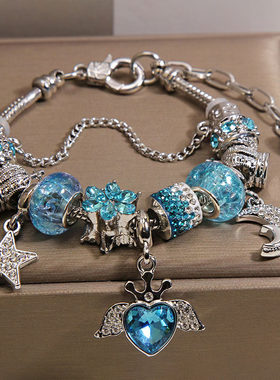 蓝色琉璃珠天使爱心吊坠手链女轻奢小众高级感星星月亮复古风手串