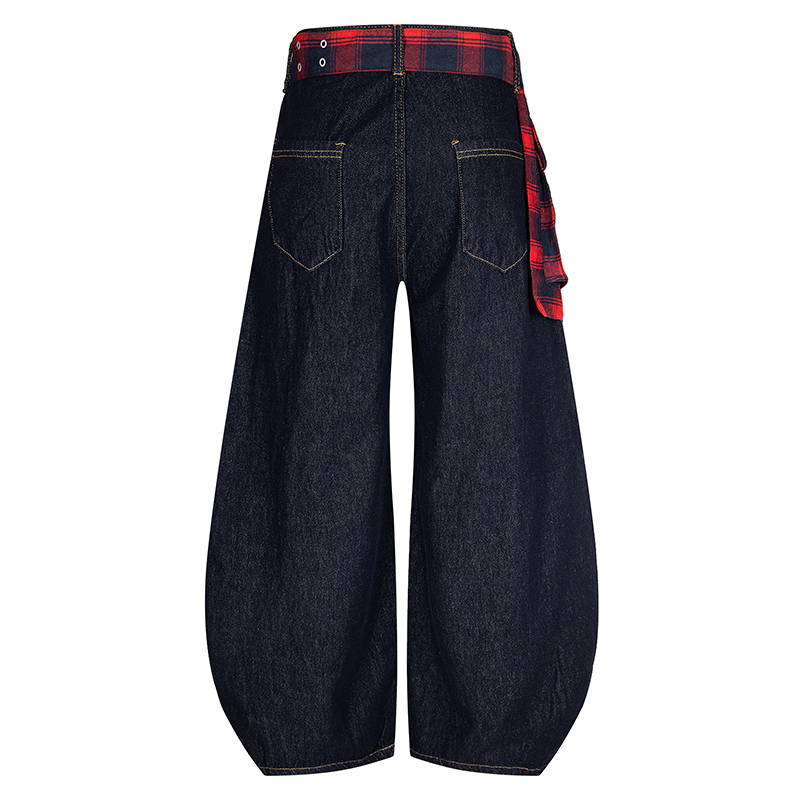 文文不乖美式复古格子拼接围巾水洗牛仔裤男女高腰宽松阔腿弯刀裤 - 图2