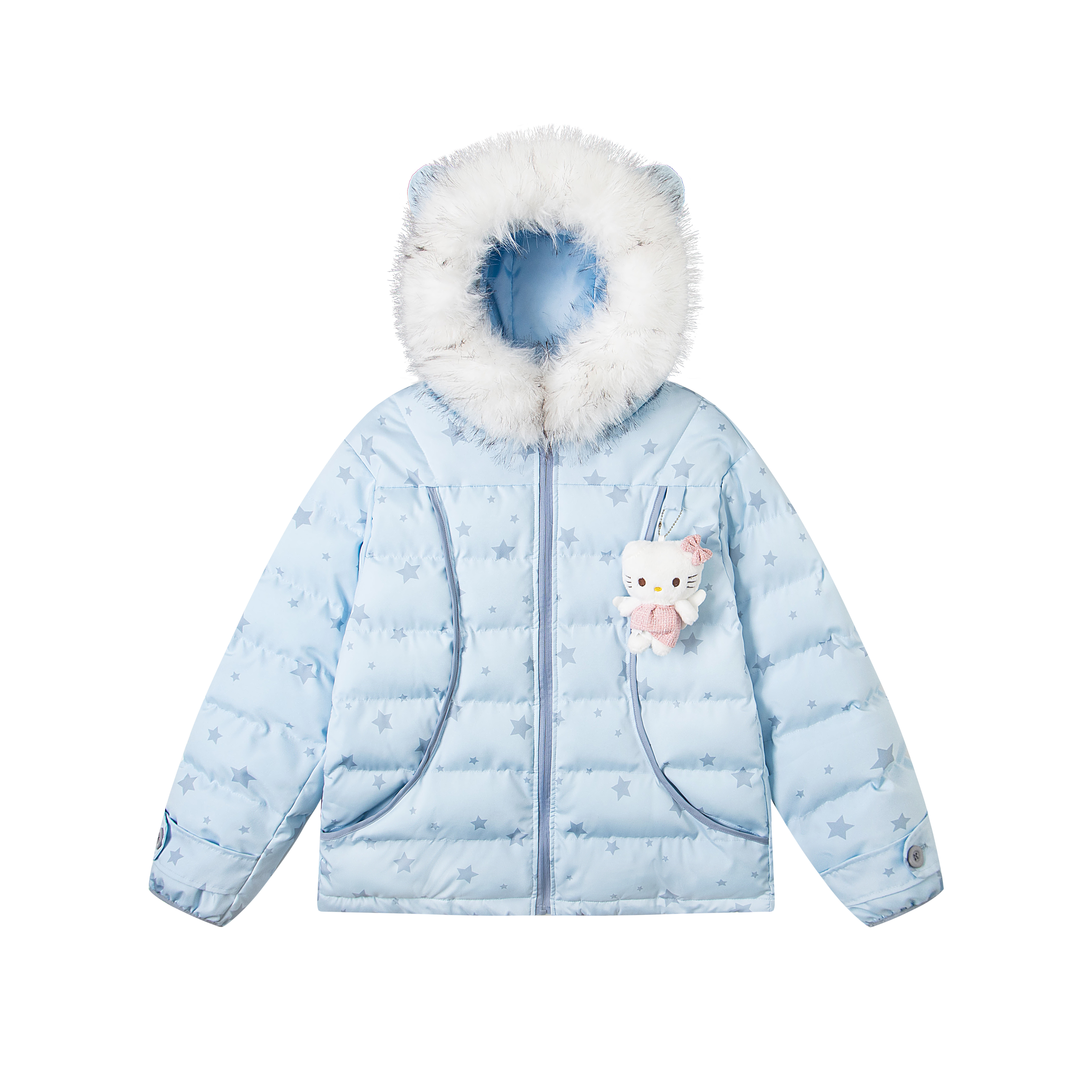 文文不乖原创满印星星排骨棉服卡通挂件毛领韩系连帽女秋冬外套 - 图2