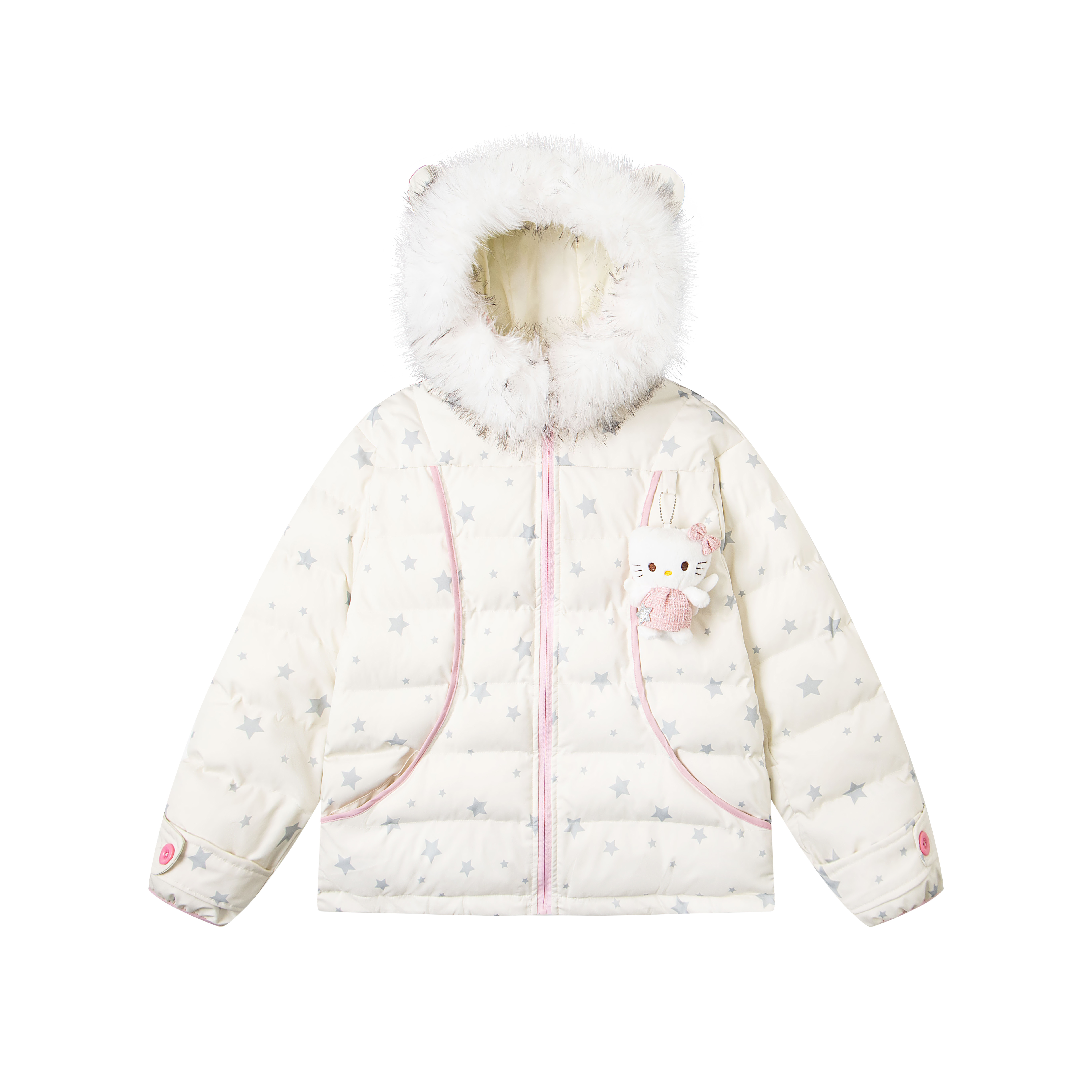 文文不乖原创满印星星排骨棉服卡通挂件毛领韩系连帽女秋冬外套 - 图0