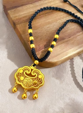 铜合金布艺项链 平安锁项链女时尚高级感镂空锁长命锁时尚饰品