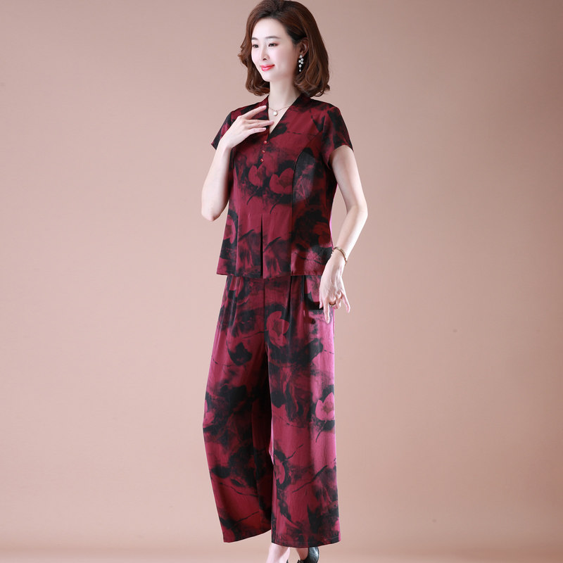 妈妈夏装短袖t恤洋气减龄缎阔腿裤 雪中花女装中老年女装