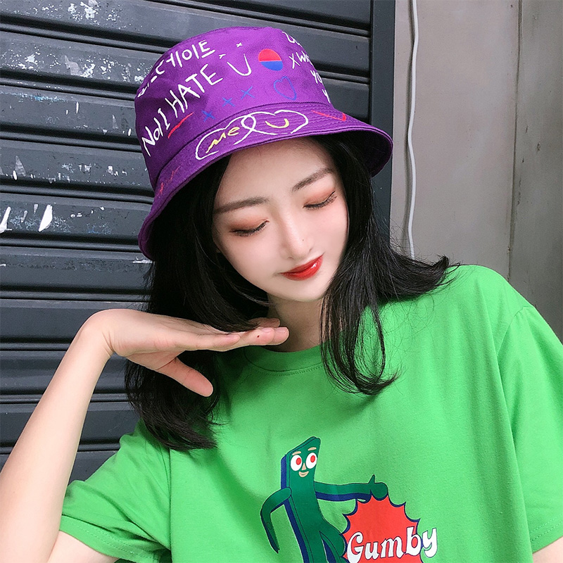 画蔻旗舰店字母涂鸦韩版潮百搭东大门渔夫帽女夏天遮阳时尚日系ins风盆帽子1