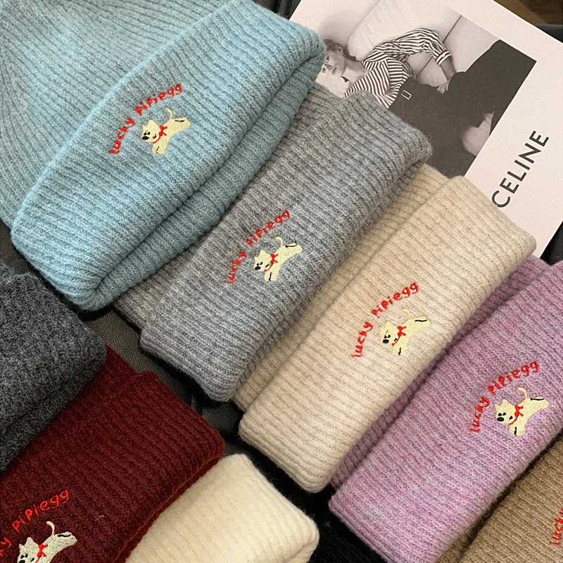 可爱小狗刺绣针织毛线帽女秋冬保暖显脸小2025年新款大头围冷帽子 - 图3