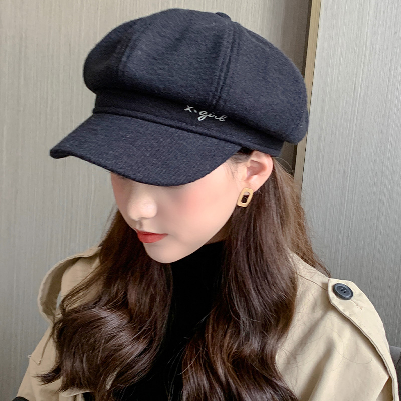 画蔻旗舰店贝雷帽女士时尚英伦复古黑色秋冬季针织毛线画家报童八角海军帽子0