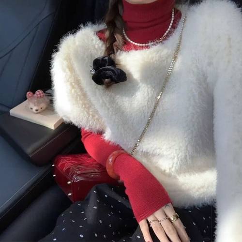 冬季新款韩版洋气羊羔毛绒套头马甲修身高领针织打底衫两件套装女 - 图0