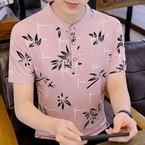 纯棉男士短袖t恤夏季新款韩版立领polo衫潮流休闲青年印花上衣ins - 图0