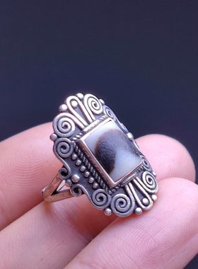 S925银藏式镶嵌天珠戒指 开口可调节男女款