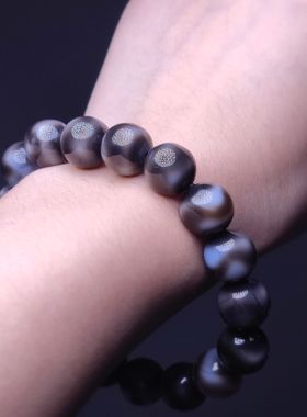 天然黑金虎牙天珠手链手串单圈12毫米