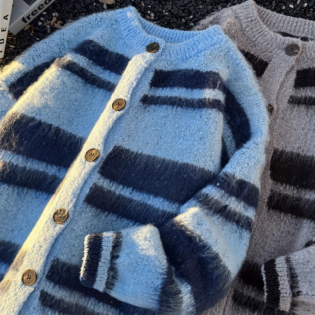 秋冬季美式复古软糯撞色条纹开衫毛衣男情侣松弛感宽松针织衫外套 - 图0