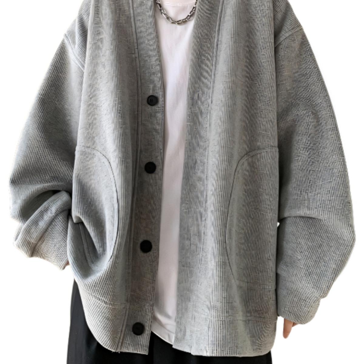 纯黑色日系慵懒风外套男高级感华夫格V领针织开衫春秋季潮牌夹克 - 图1