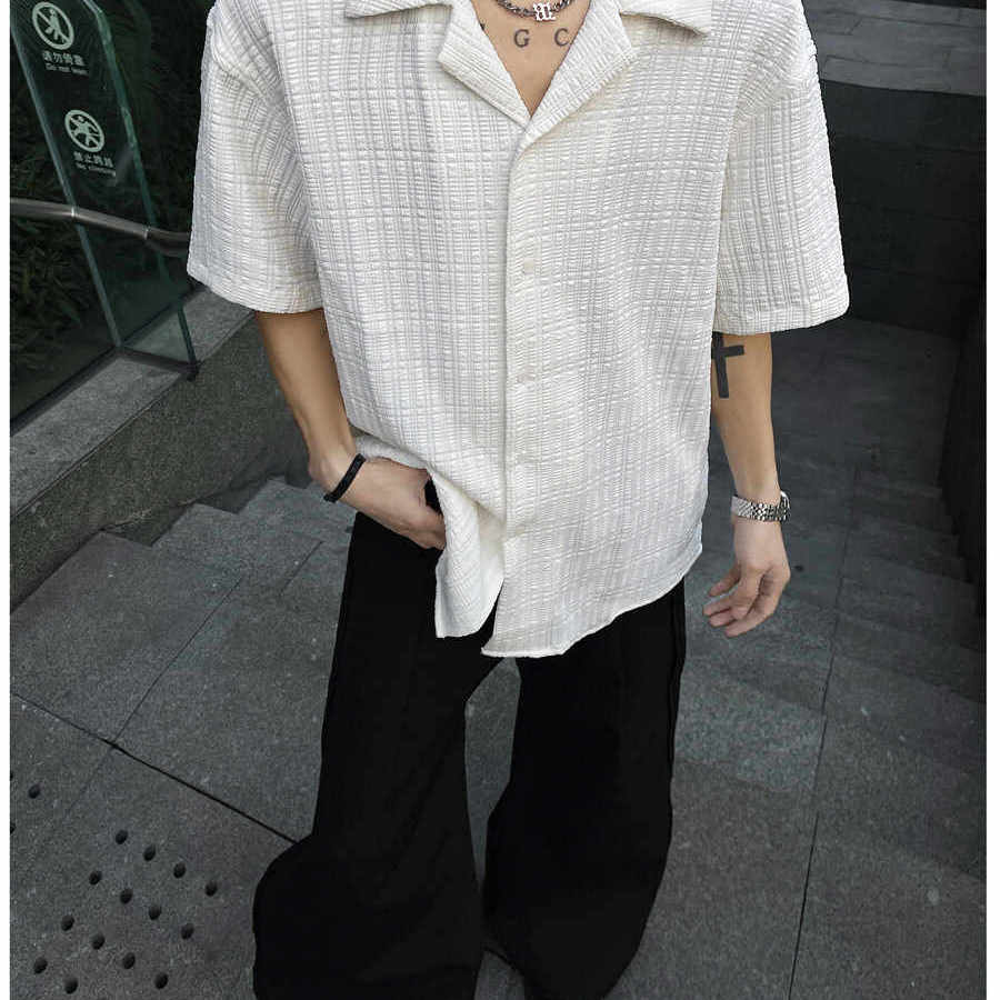 美式黑色肌理感提花短袖衬衫男夏季痞帅高级感休闲男装古巴领衬衣
