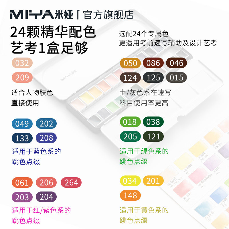 米娅小红盒W7固体水彩颜料24色铁盒套装美术生专用艺术家专业级水彩分装初学者入门户外写生绘画水彩便携艺考