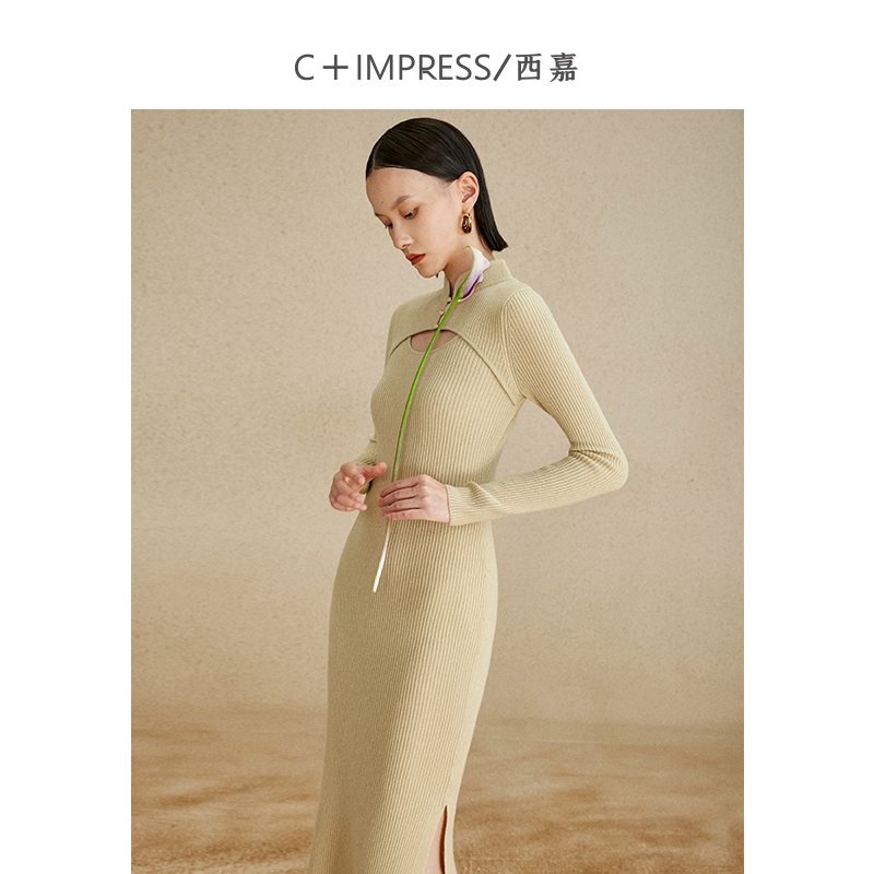 C+IMPRESS/西嘉美丽诺全羊毛 立领镂空设计感修身国风连衣裙女秋 - 图0