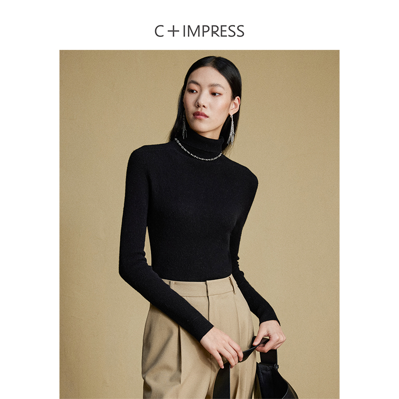 C+IMPRESS/西嘉全羊毛高质感毛衣女秋冬无缝简约风高领套头打底衫-图1