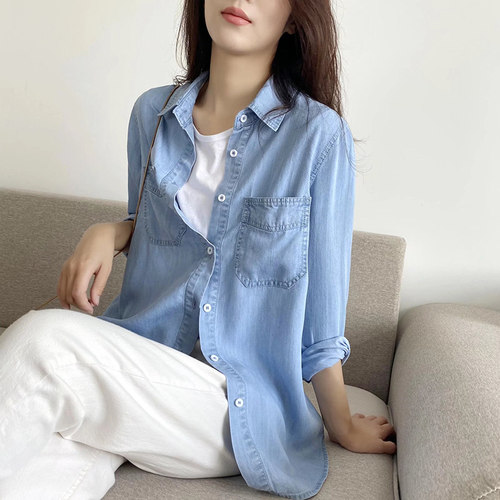牛仔衬衫女2021秋季新款韩版宽松纯棉衬衣百搭打底长袖双口袋上衣 - 图2