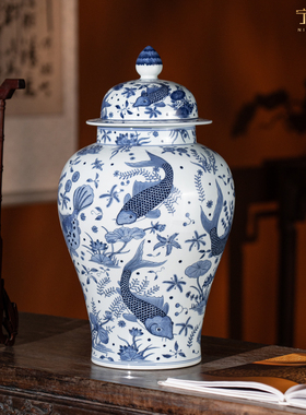 景德镇手绘中式青花瓷将军罐摆件
