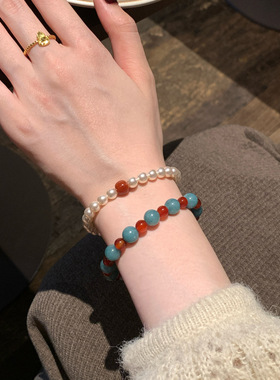 天然红玛瑙复古叠戴手链