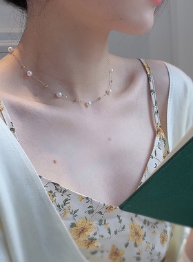 Ordi天然珍珠项链夏满天星锁骨链简约时尚百搭颈链可调项饰