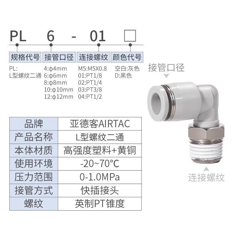 亚德客快速接头螺纹弯头L型螺纹二通PL6M5 PL601 602 603 604-S - 图0