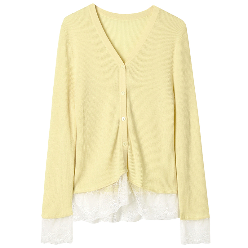 奥莱专柜正品 GMS冬装2025新款 蕾丝拼接下摆上衣外穿开衫毛衣女 - 图3