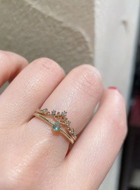 日系轻珠宝首饰 玲兰镂空皇冠V形小钻925银戒指 简约百搭叠戴指环