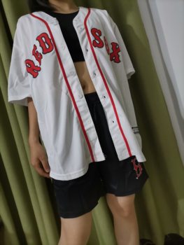 American street hip-hop hiphop baseball uniform Red Sox short-sleeved cardigan for men and women loose large size T-shirt BF outerwear