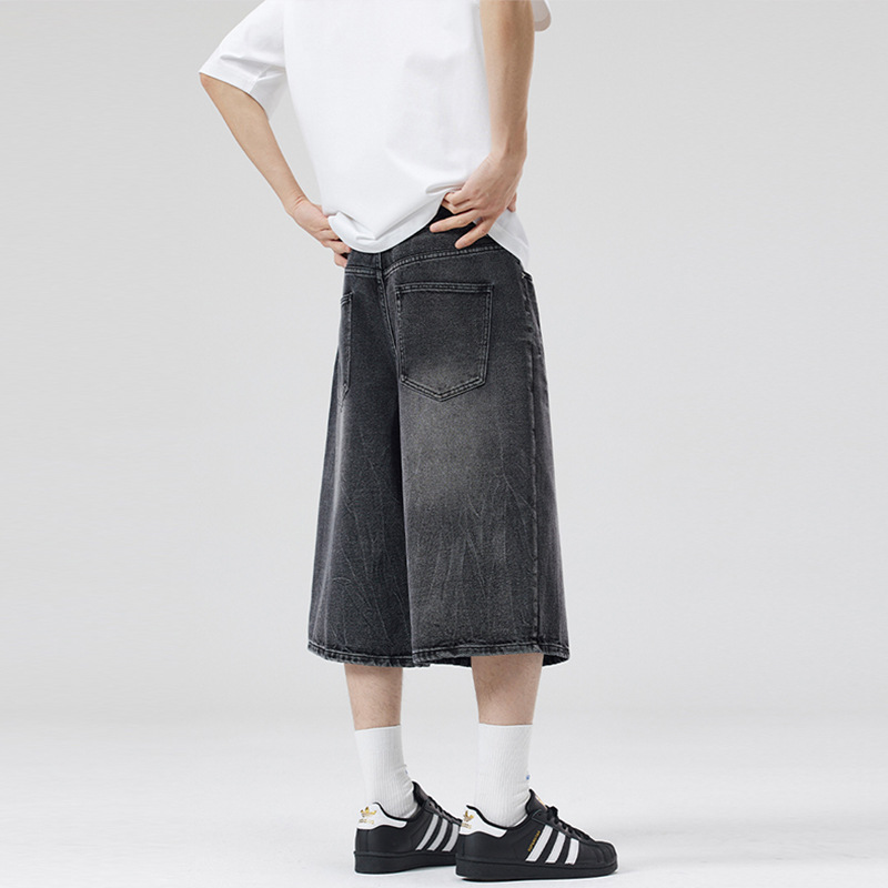 LKTM男装#美式高街水洗设计感闪电纹牛仔短裤男女宽松阔腿七分裤 - 图2