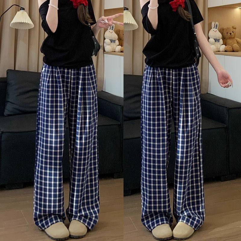 韩系复古蓝色格子阔腿裤女夏季薄款慵懒风休闲高腰宽松拖地长裤子,淘宝优惠券,粉丝福利购,淘宝优惠卷
